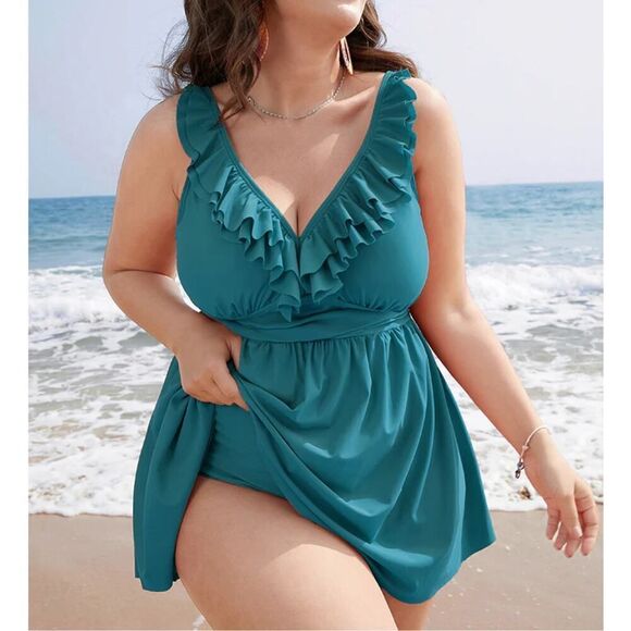 Bloomchic SZ 26 Ruffle Trim Adjustable Strap Gathered Sculpt Waist Swim Dress - Picture 3 of 16